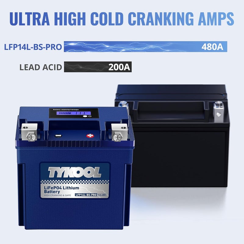 TYKOOL YTX14L-BS 3X Cranking Amps,5X Life, Lithium LiFePO4 Motorcycle Battery,12V 8Ah,480CCA,Digital Readout, Built in BMS,Powersports Battery, Compatible for Harley-Davidson, BRP (Sea-doo) Spark 900 - Image 5